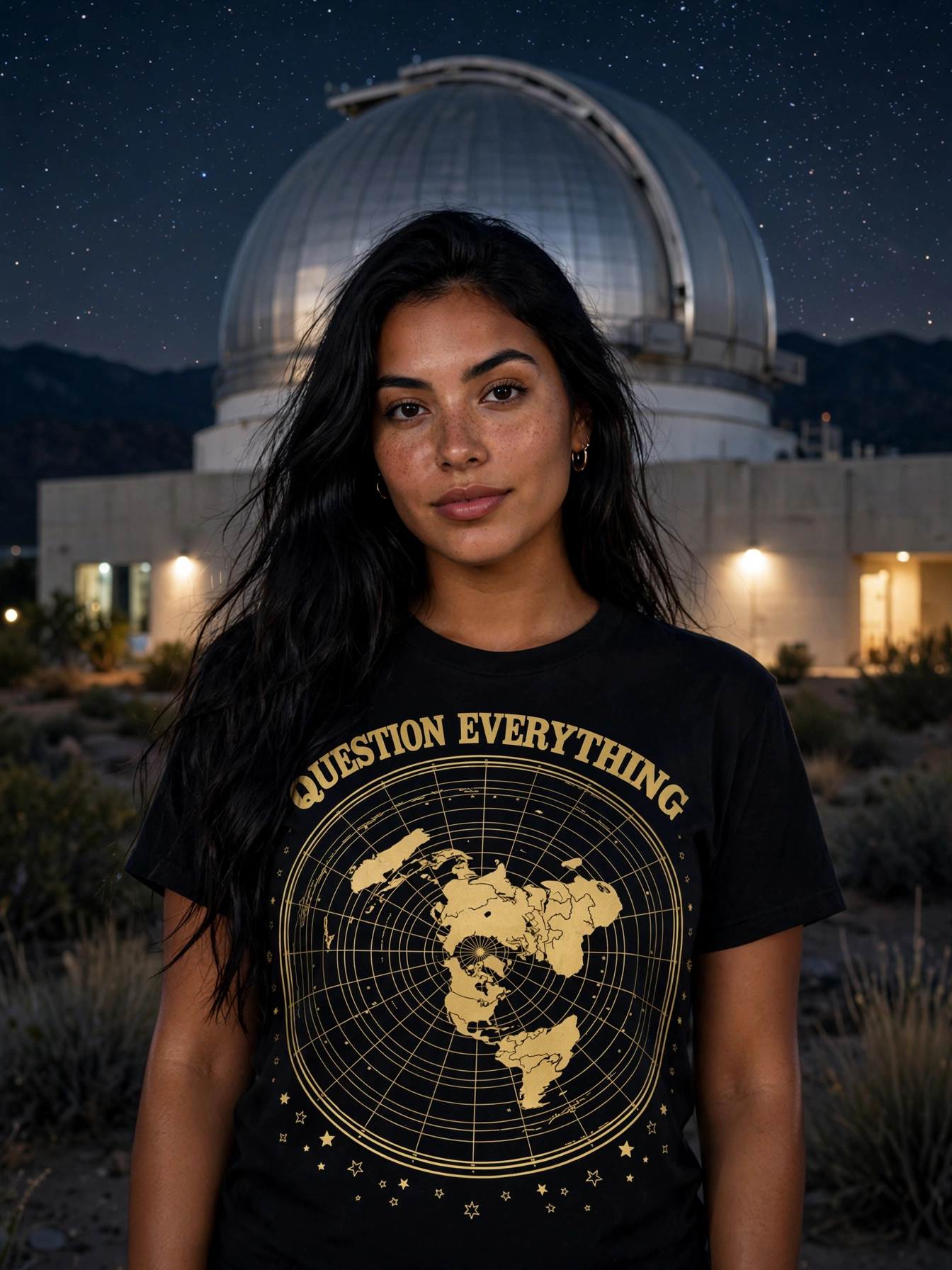 Flat Earth — Question Everything Tee worn by a model
