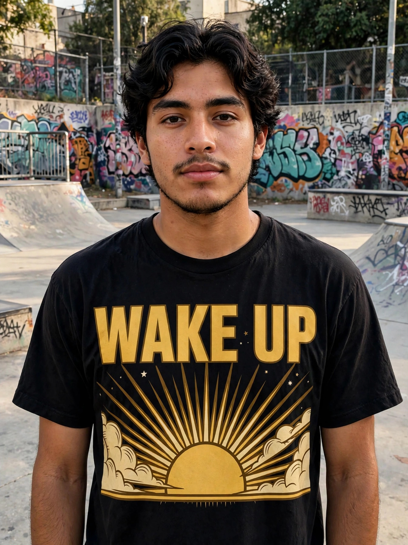 Flat Earth — Wake Up Tee worn by a model